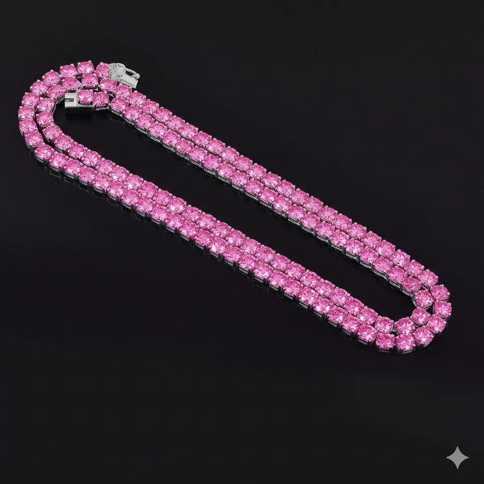 3MM Round Cut Lab Created Pink Ruby Tennis Necklace 14k White Gold Plated