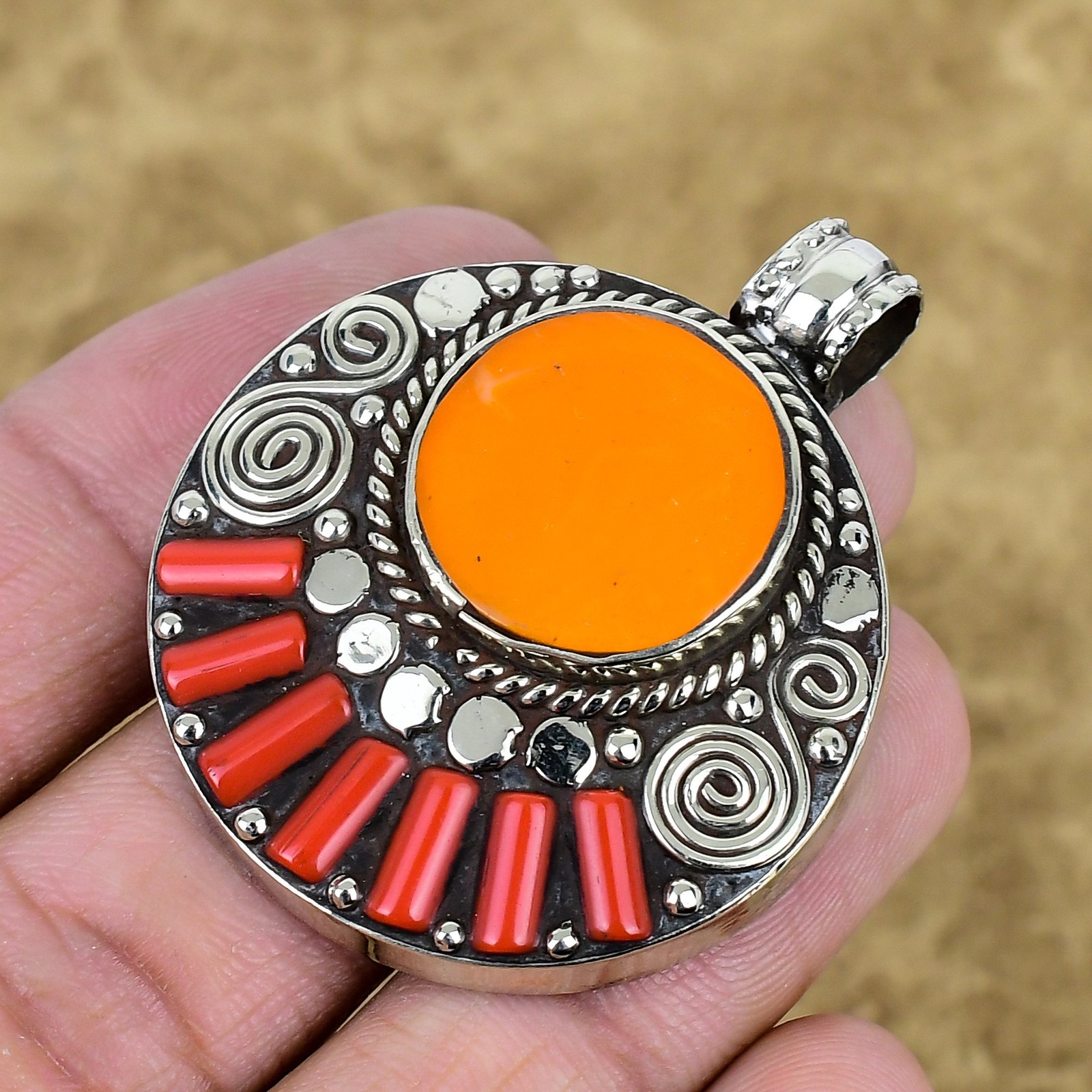 Yellow & Red Coral Pendant 925 Sterling Silver Tibetan Handmade Jewelry SC 2509