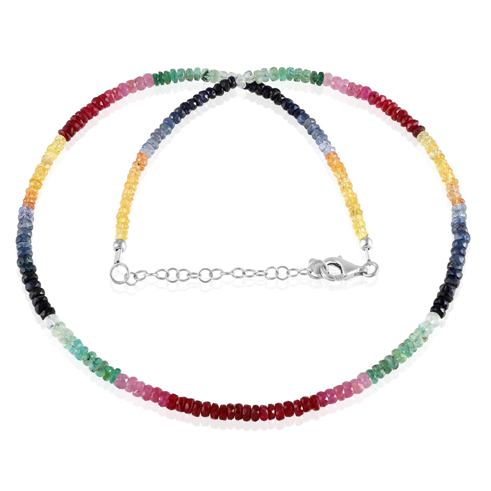 Natural Multi Sapphire Stone Beaded Necklace Faceted Roundel 925 Silver Necklace