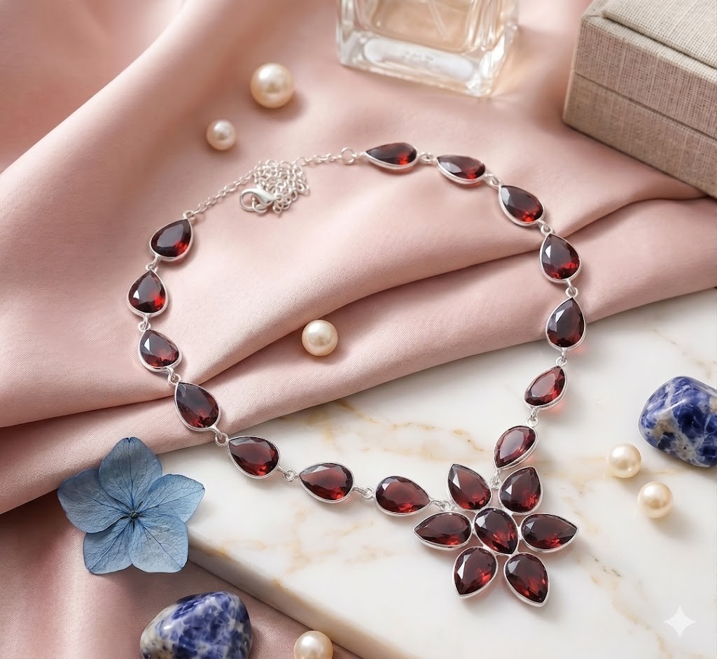 925 Sterling Silver Red Garnet Gemstone Handmade Jewelry Necklace Size-18″