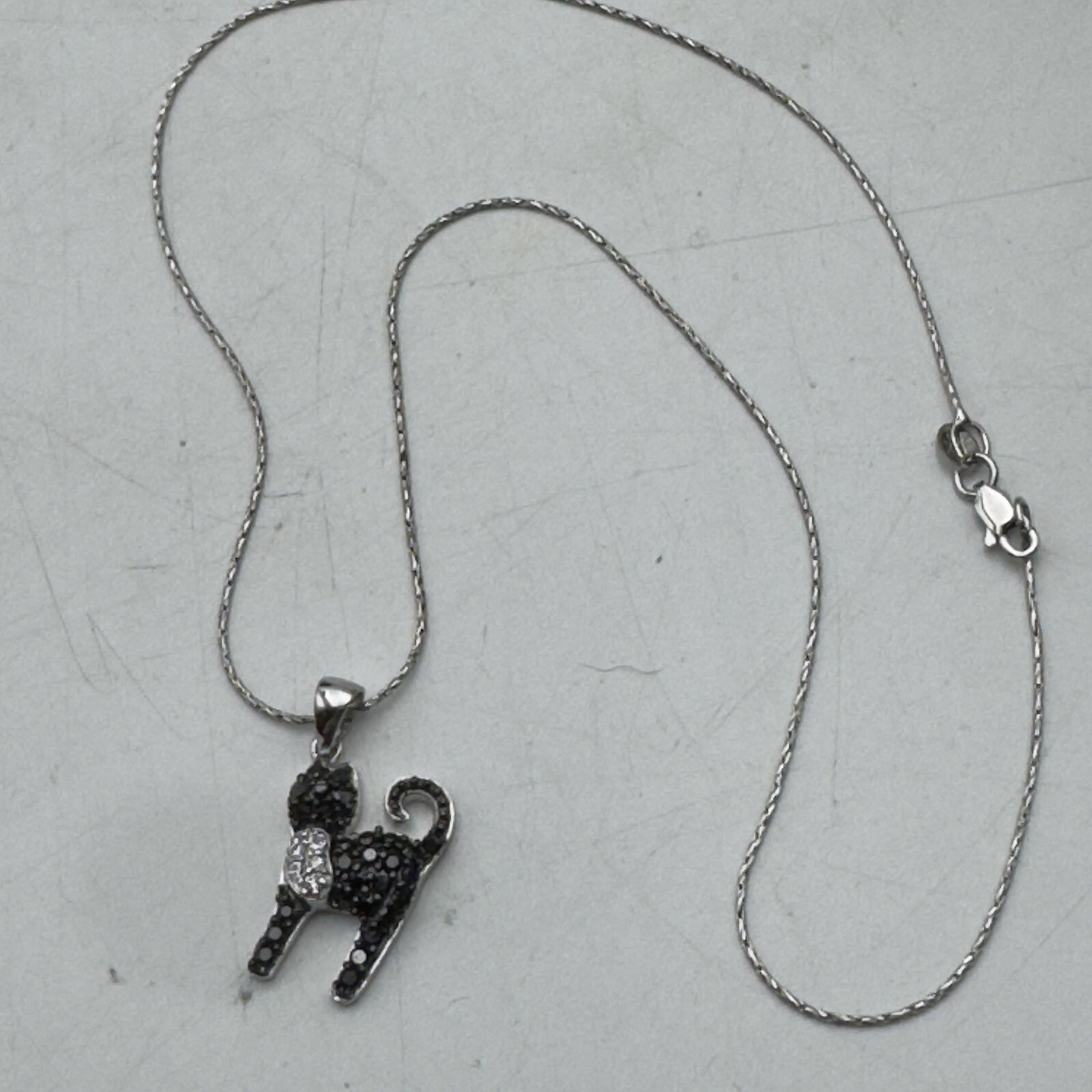925 Sterling Silver White & Black Accent Sparkle Kitty Cat Pendant 16” Chain