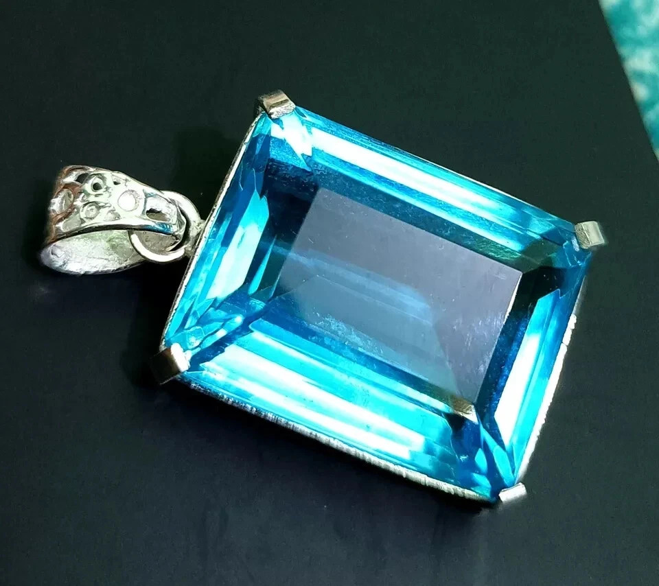 EGL Certified Natural 65 +Ct Blue Topaz Emerald Cut 925 Silver Pendant Loose Gem