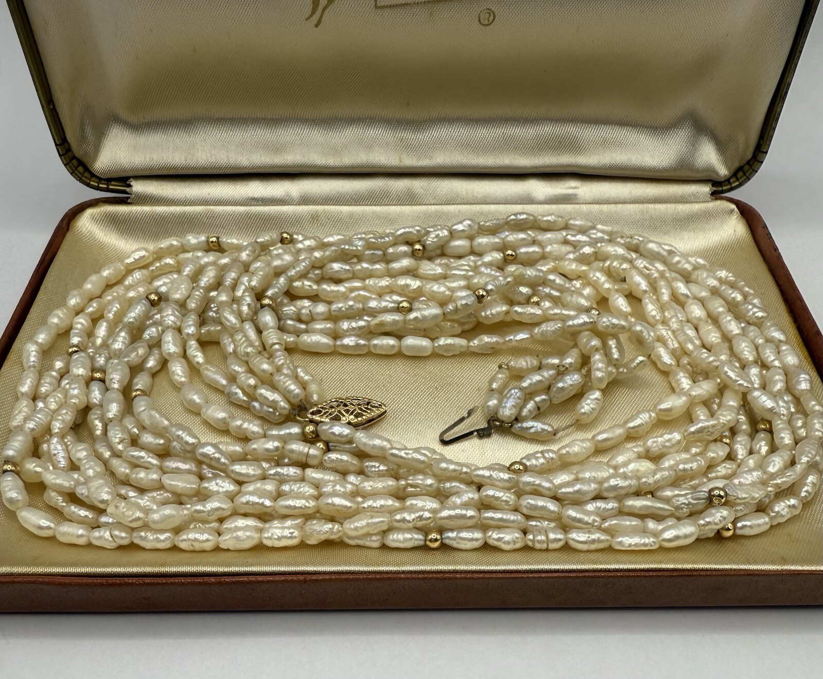 14k Yellow Gold Pearl Multi Strand 32in Necklace 67.13g CLASSY Vintage Ladies
