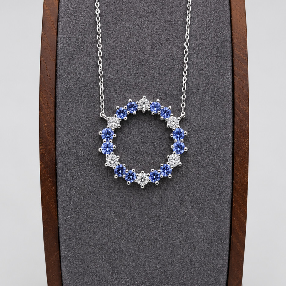 2.50ctw Cornflower-Blue Sapphire & White Moissanite Halo Pendant .925 Sterling