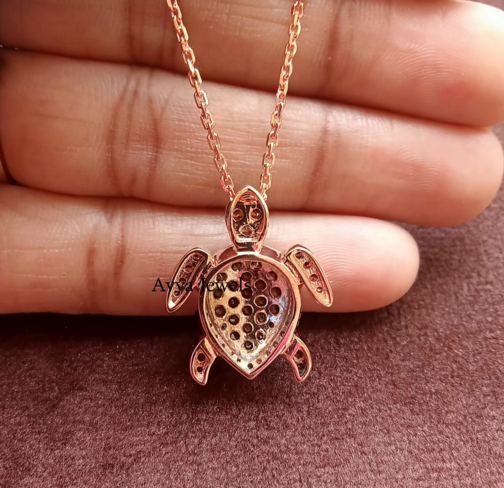 2 CT Round Brown Diamond Aloha Turtle Sea Pendant Necklace 14K Rose Gold Plated
