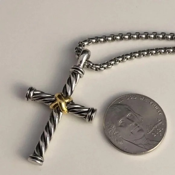 David Yurman Sterling & 18K Gold 925 750 Cross Pendant & 20″ DY 925 Box Necklace
