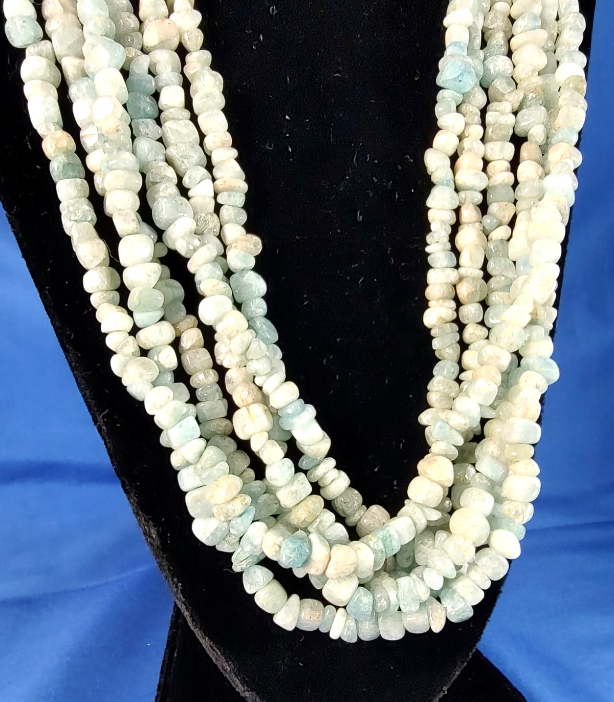 Natural Aquamarine Stone and Bead Multi-Strand Necklace Signed 925 RB