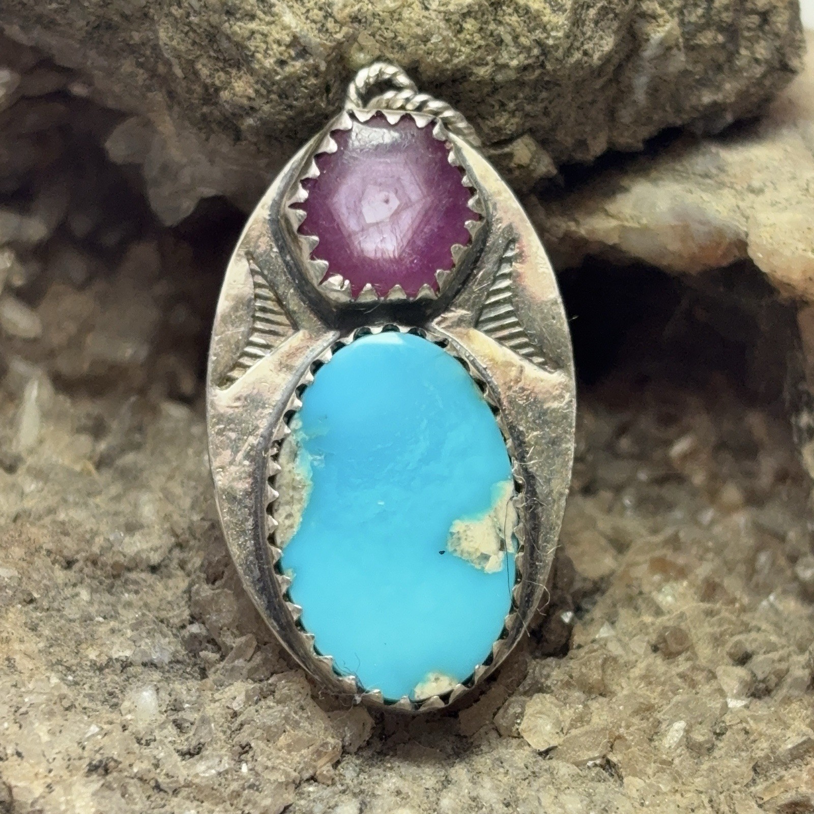 16 Ct Tw Natural Morenci, Arizona Turquoise & Ruby Sterling Silver Gem Pendant