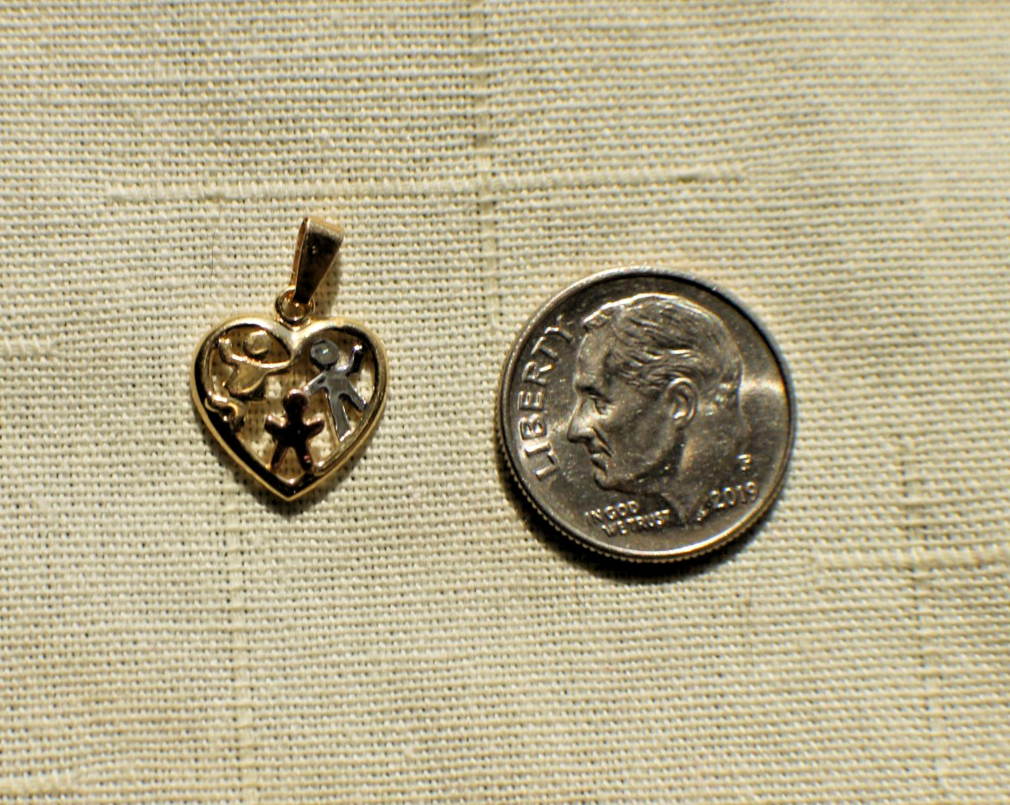 Solid 10K Yellow White & Rose Gold Children Heart Grandkids Charm Pendant Kids