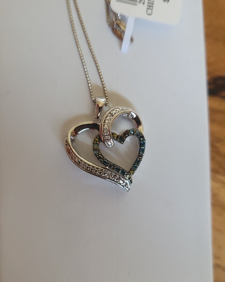 Sterling Silver Color Enhanced Blue Diamond Pendant Necklace Heart 18″ 1671