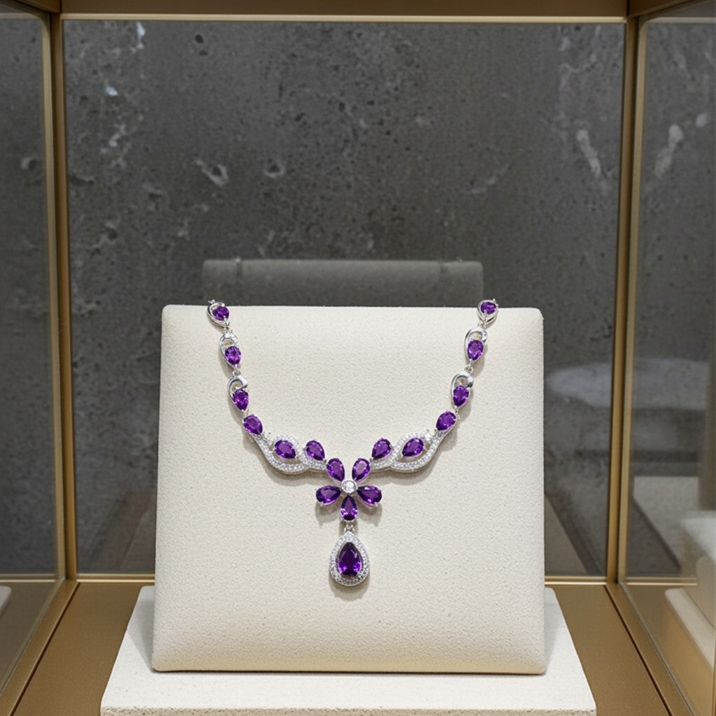 Natural Amethyst Statement Necklace, Amethyst Flower Necklace 925 Sterling