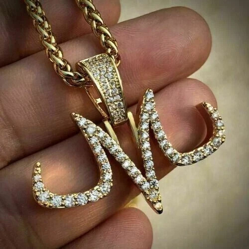3Ct Round Cut Real Moissanite Custom” M” Designer Pendant 14K Yellow Gold Plated