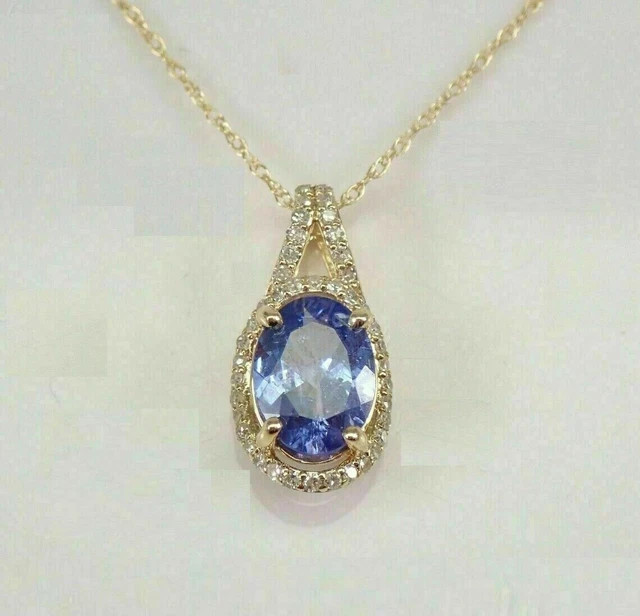 2.05CT Oval Cut Lab Created Blue Tanzanite Halo Pendant 14K Yellow Gold Plated