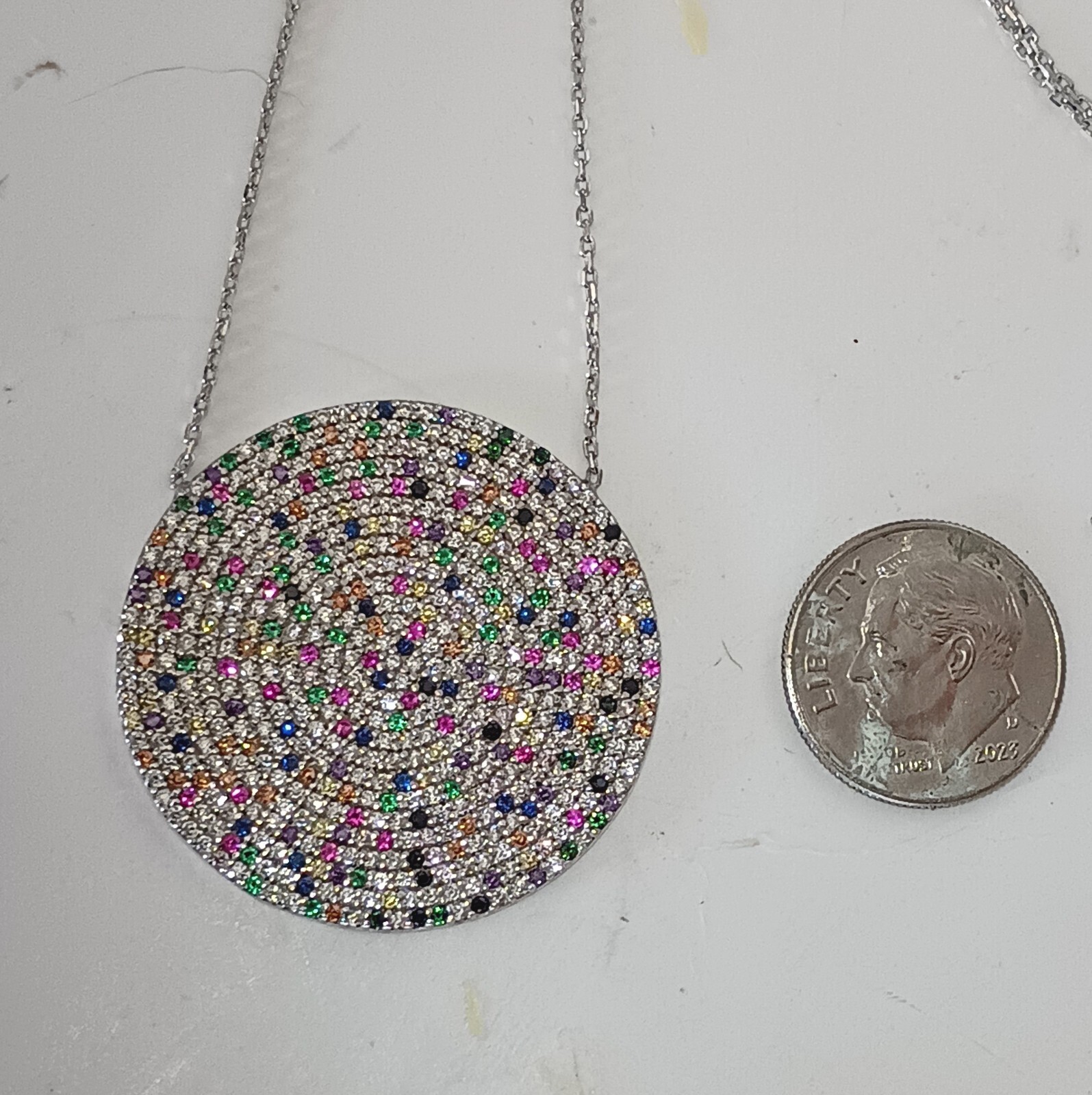 Sterling 825 Pavé Round Pendant Multi Colored Stones Cable Chain Necklace Turkey