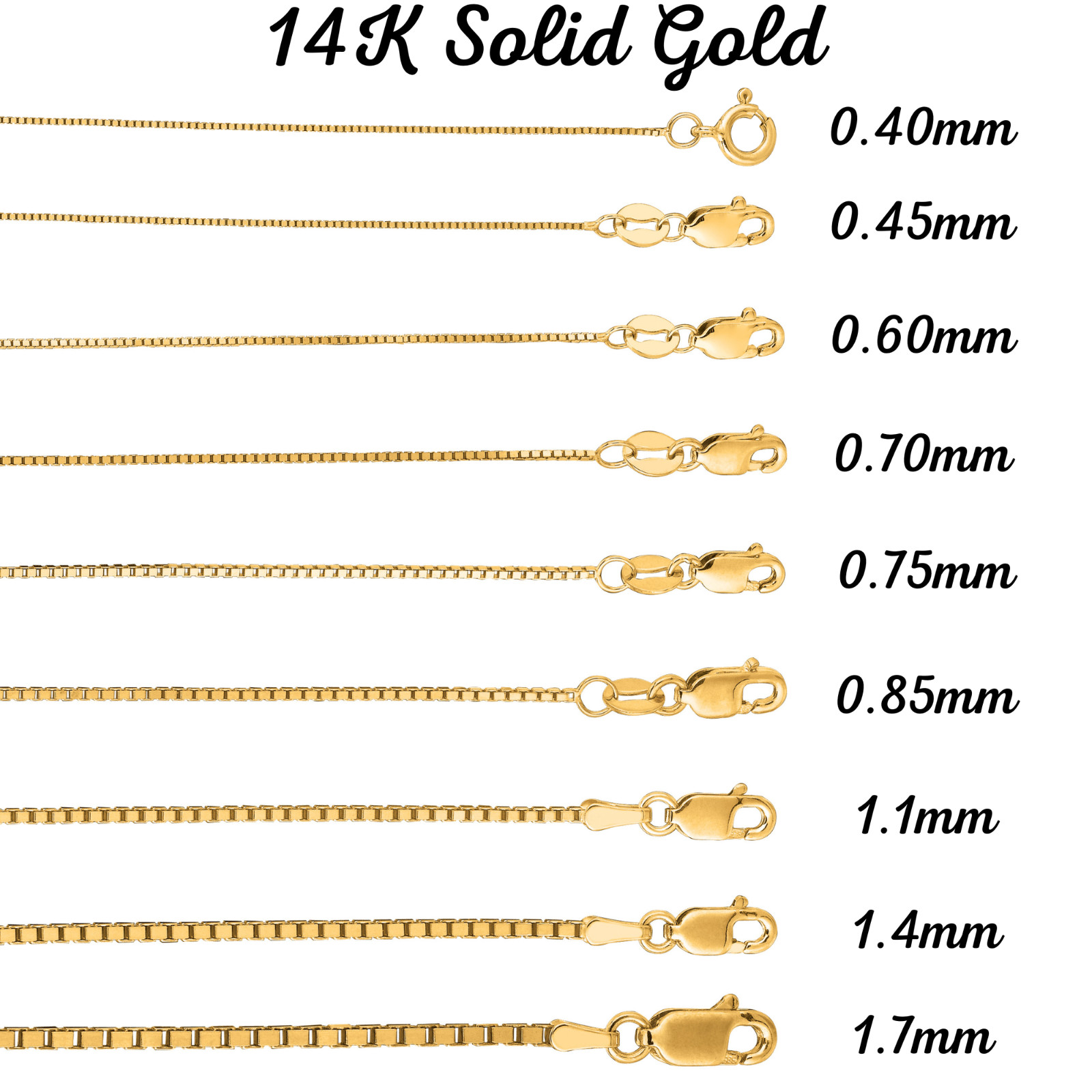 14K Solid White Gold Box Necklace Real Gold Chain All Lengths & sizes