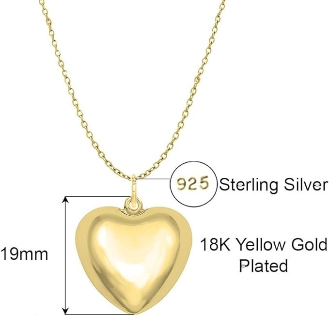 925 Solid Sterling Silver Gold Puffed Heart Pendant Necklace Made In Italy -18″