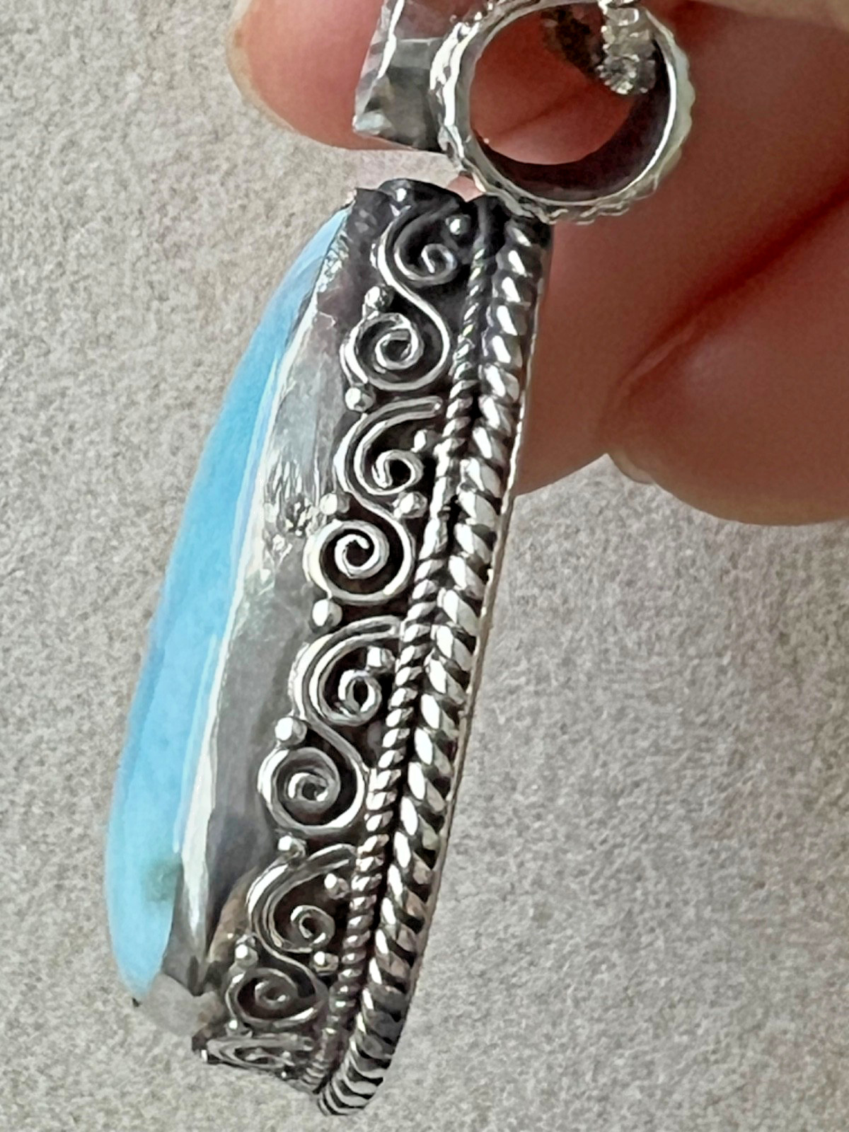 Larimar Pendant Sterling Silver 925 – Quartz Bezel – Ornate Caribbean Blue Stone