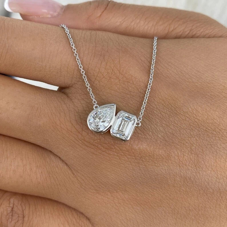 3Ct Pear &Emerald Cut Lab Created Diamond Toi Et Moi Pendant 14K White Gold Over