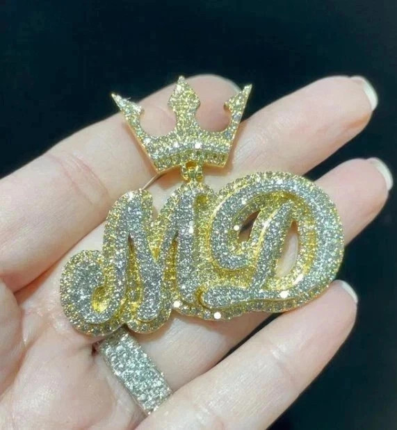 3.00 Ct Round Real Moissanite Bail Custom Name Pendant 14k Yellow Gold Plated