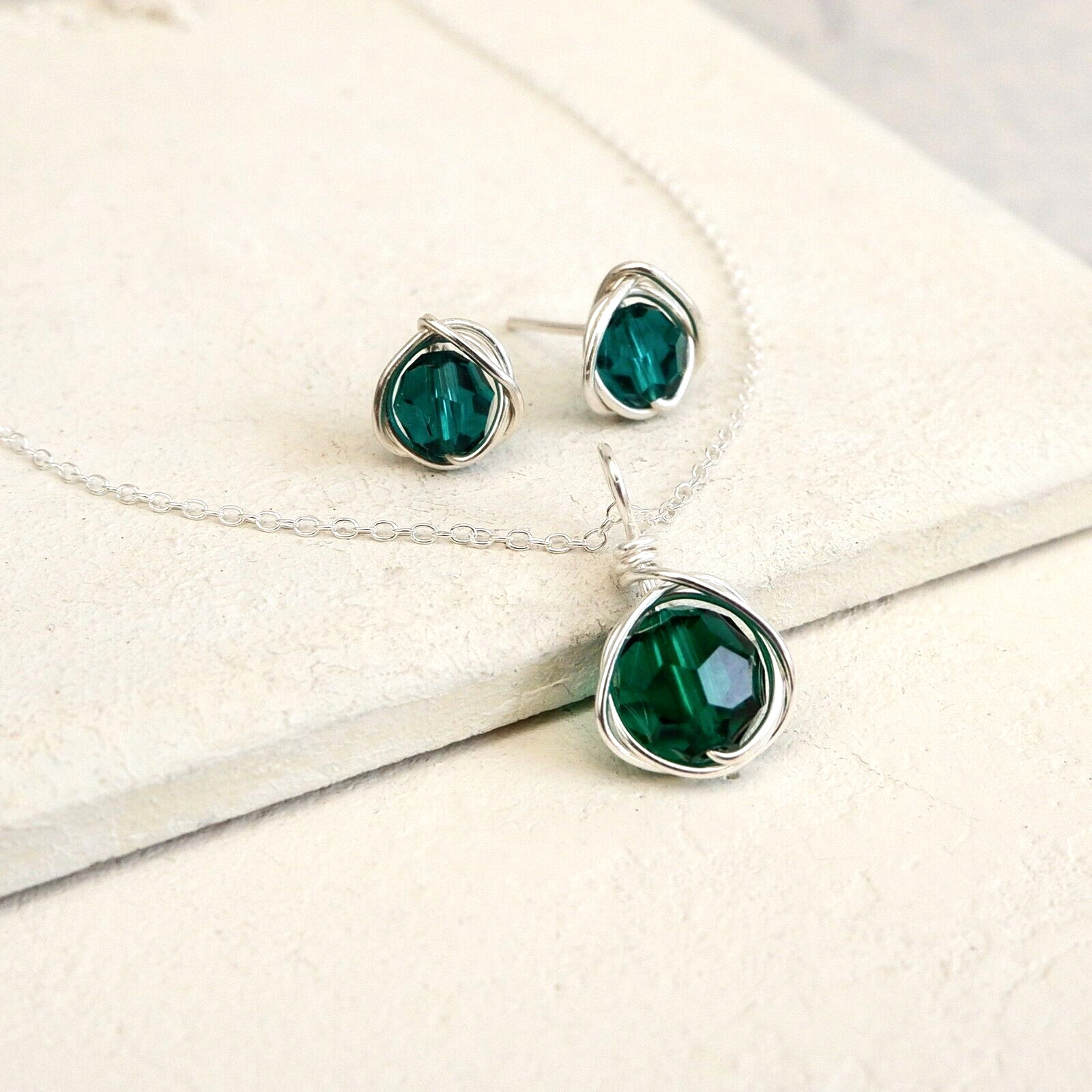 Emerald Crystal Necklace Set Sterling Silver May Birthstone Handmade Gift Box