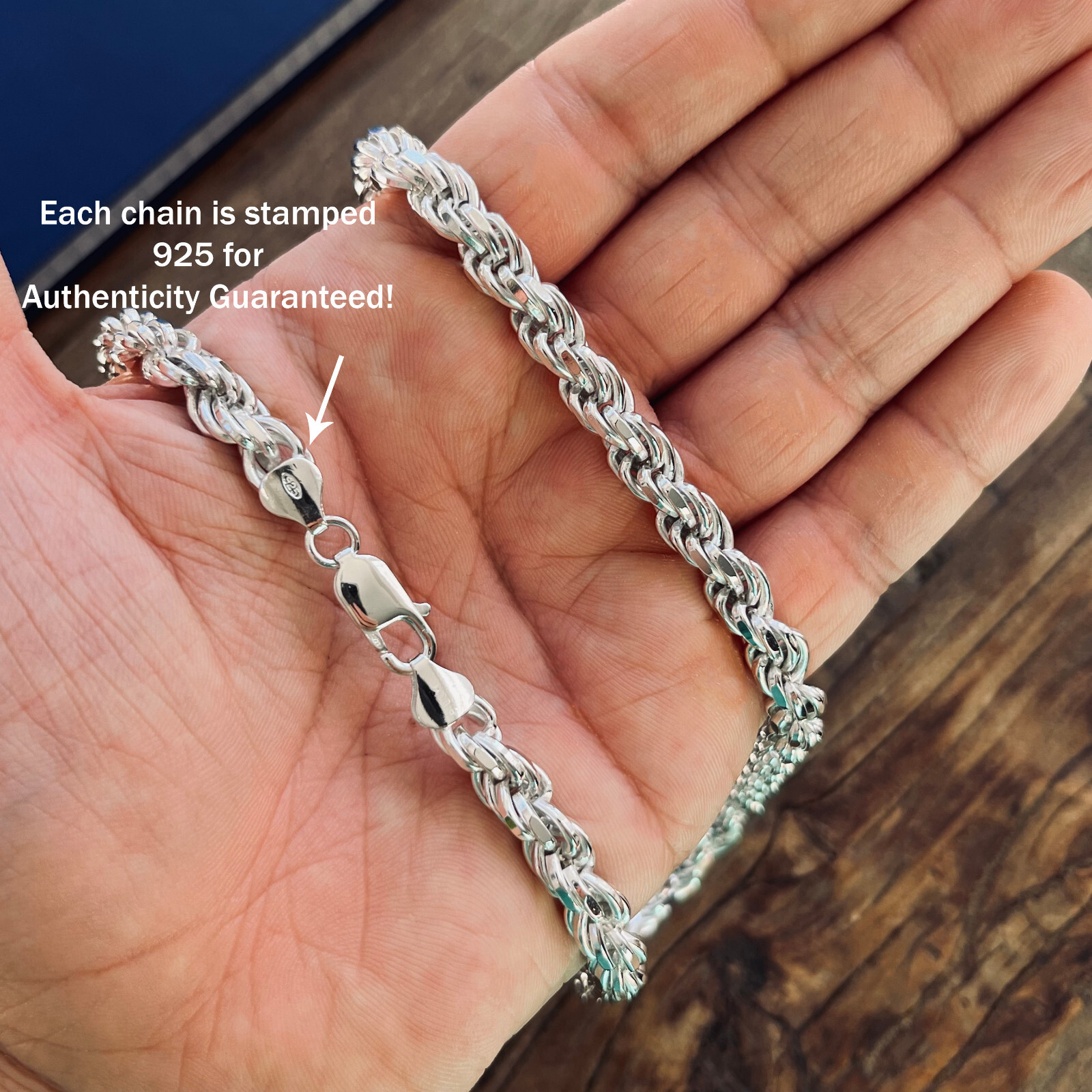 Real Solid Sterling Silver 7mm Mens Diamond Cut Rope Chain Bracelet or Necklace