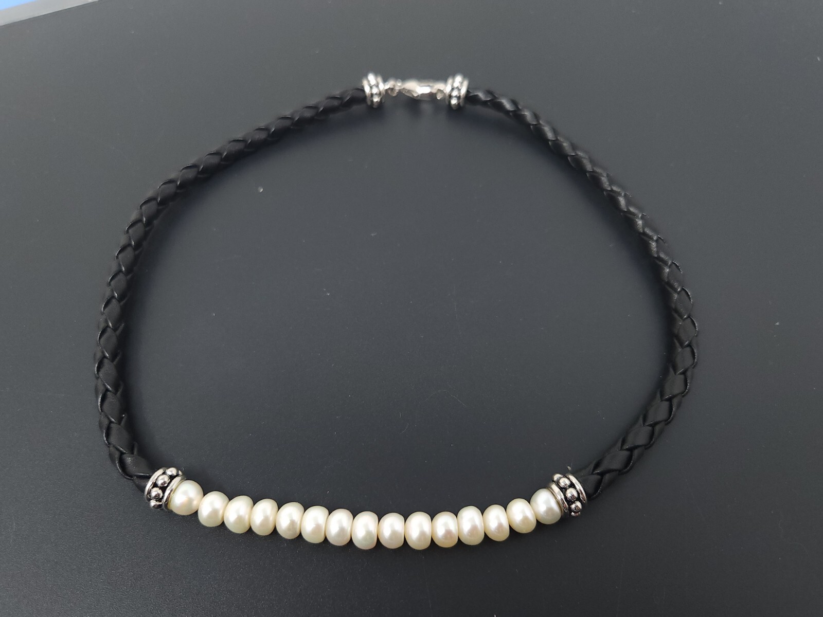 Vintage Honora White Freshwater Pearl Sterling Silver Black Leather Necklace 17″