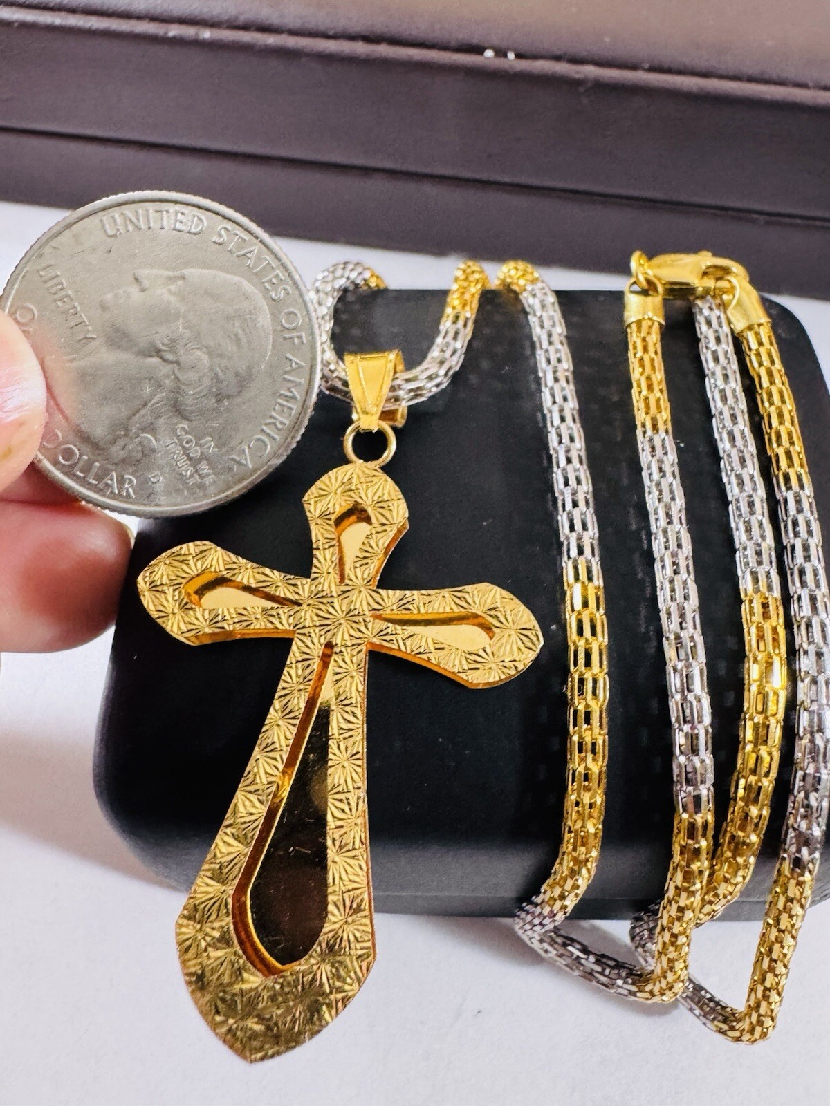 Pure 22K 916 Real Dubai Saudi Gold 21.5/22” Long Snake Cross Necklace 3mm 14.8g