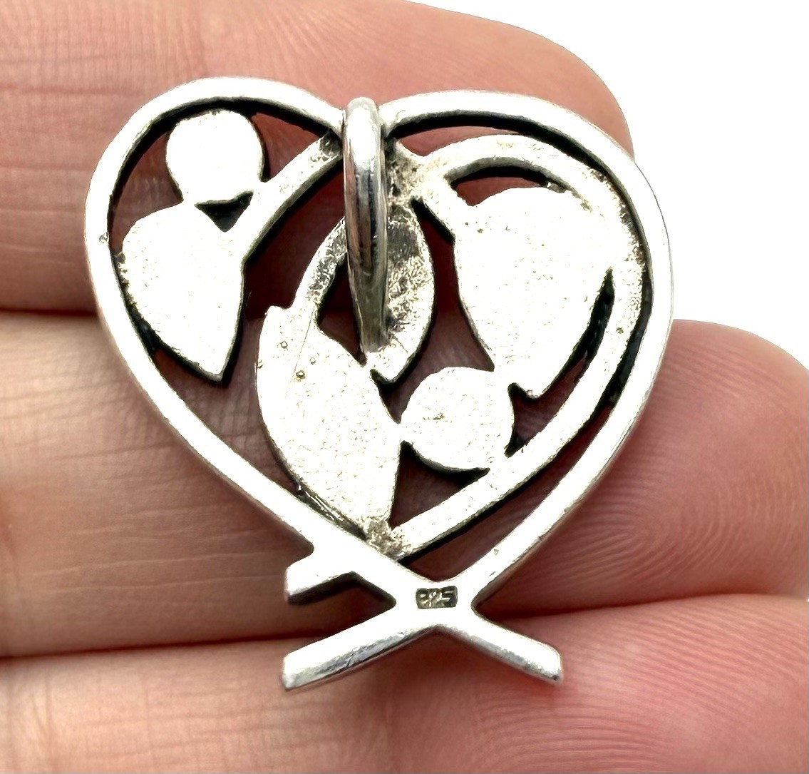 Sterling Silver 925 Heart Shaped Black Onyx Pendant Designer Asymmetrical 1.25”