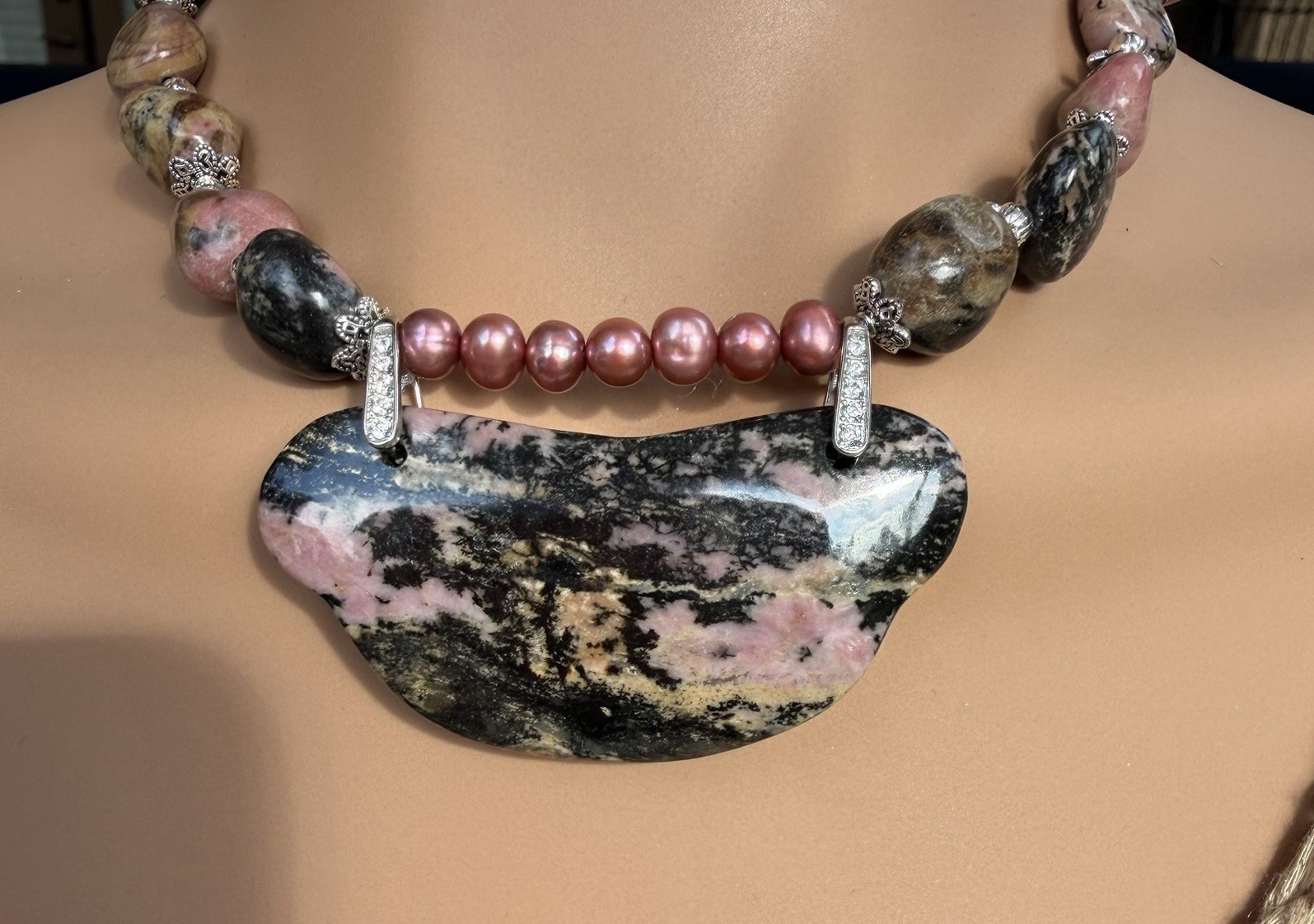 OOAK RHODONITE LANDSCAPE PENDANT NECKLACE PINK PEARLS EARRINGS ARTISAN SET