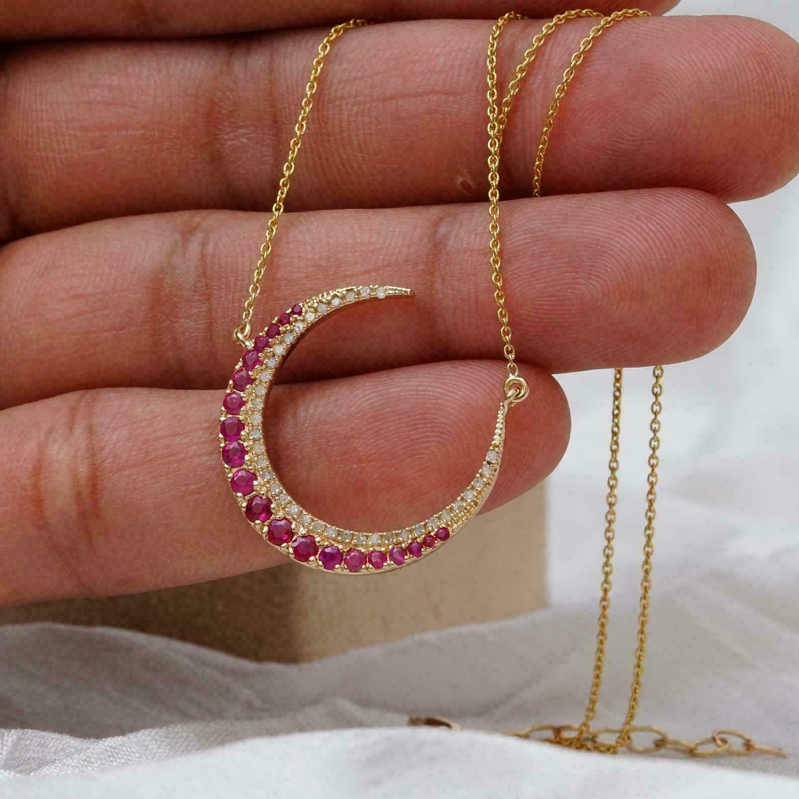 1Ct Lab Created Red Ruby Crescent Moon Pendant Necklace 14KGold Finish 18″ Chain