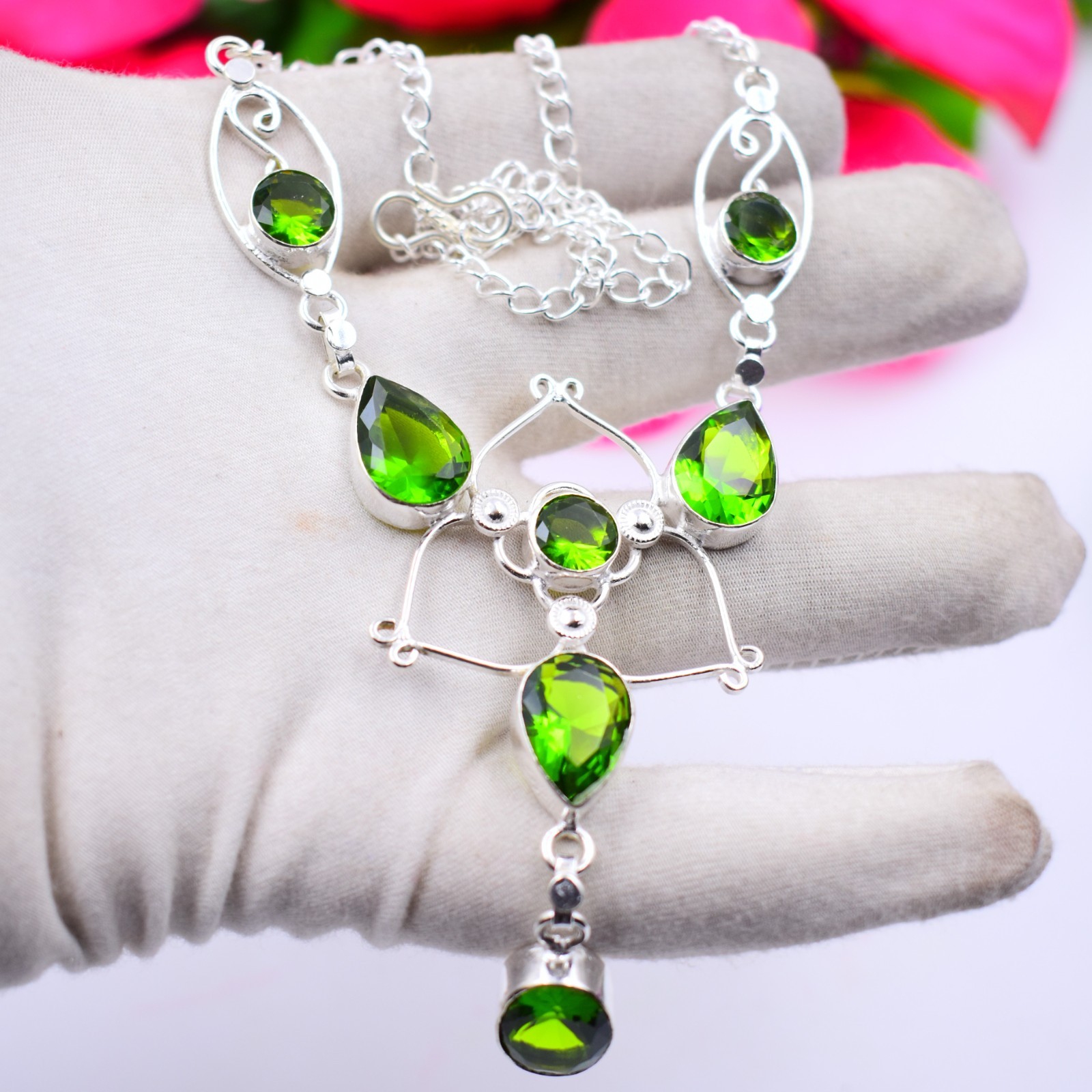 Green Peridot Gemstone Handmade 925 Sterling Silver Jewelry Necklace Sz-17-18″
