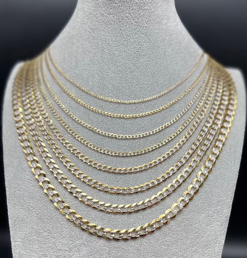 10K Yellow Gold Pave Cuban Curb Link Chain Necklace Real Gold Men Women 16-28in