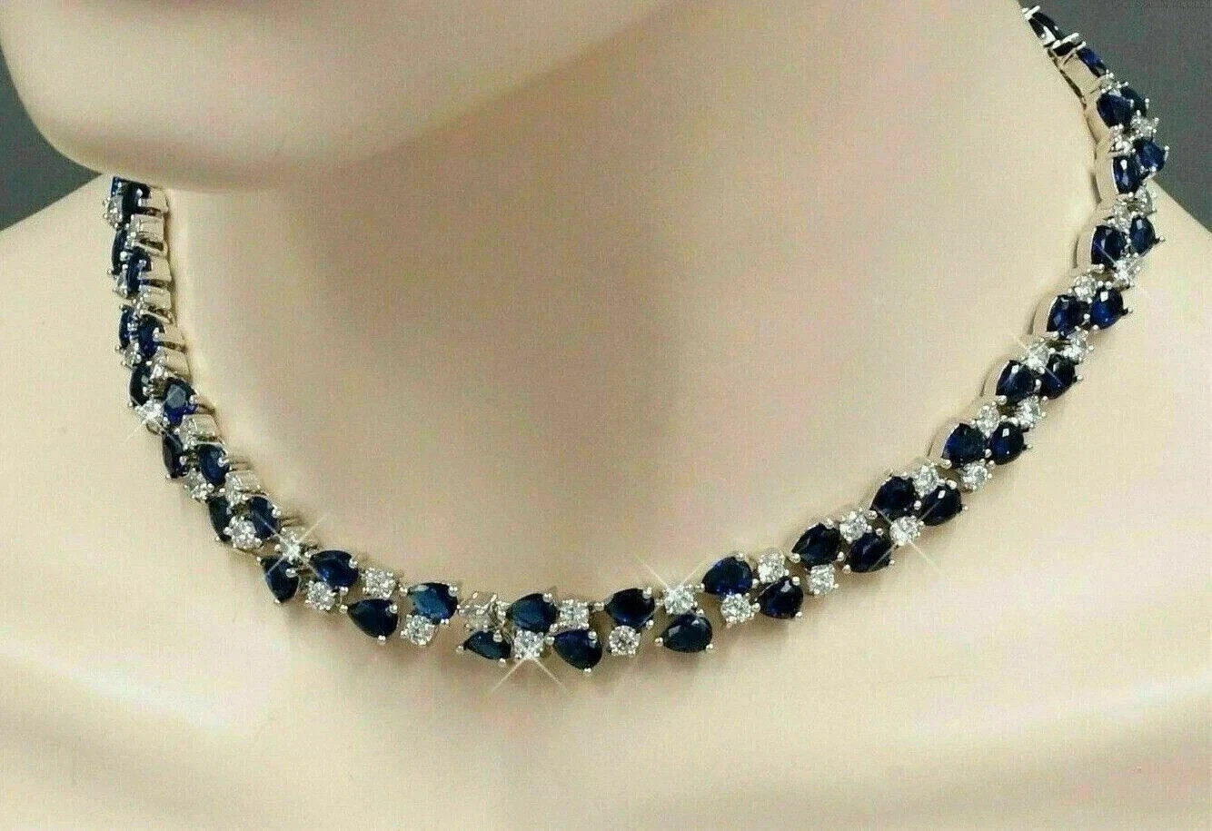 16Ct Pear Cut Lab Created Sapphire Women’s Tennis Necklace 14k White Gold Finish