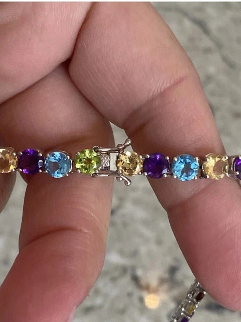 Multi Gemstone Lab Created Round Tennis Necklace 14k White Gold Plated 16″