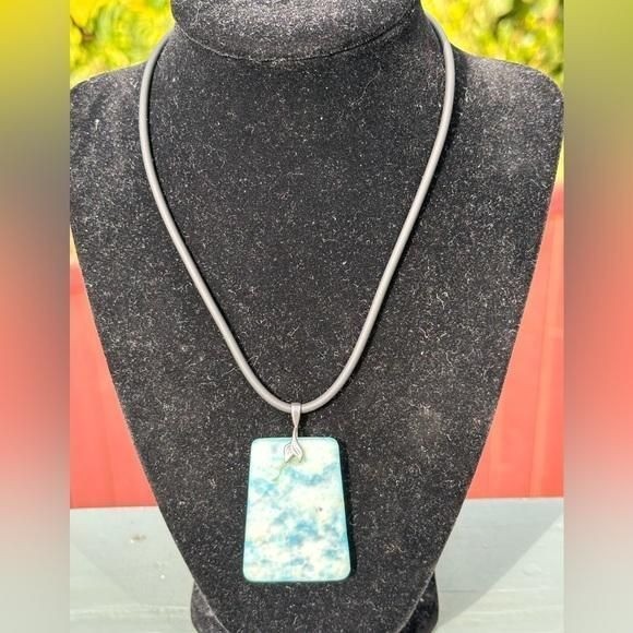 Turquoise Jasper Rectangle Slab Pendant .925 Sterling Silver bail Cord Necklace