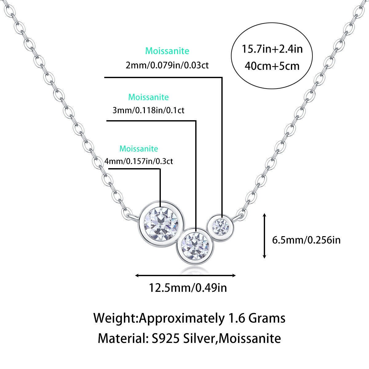 0.43CT VVS1 Round Cut Moissanite Bezel Set Pendant Necklace 925 Sterling Silver