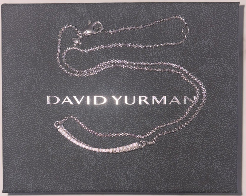 David Yurman Sterling Silver Crossover Bar Pendant Necklace with Diamonds 18″