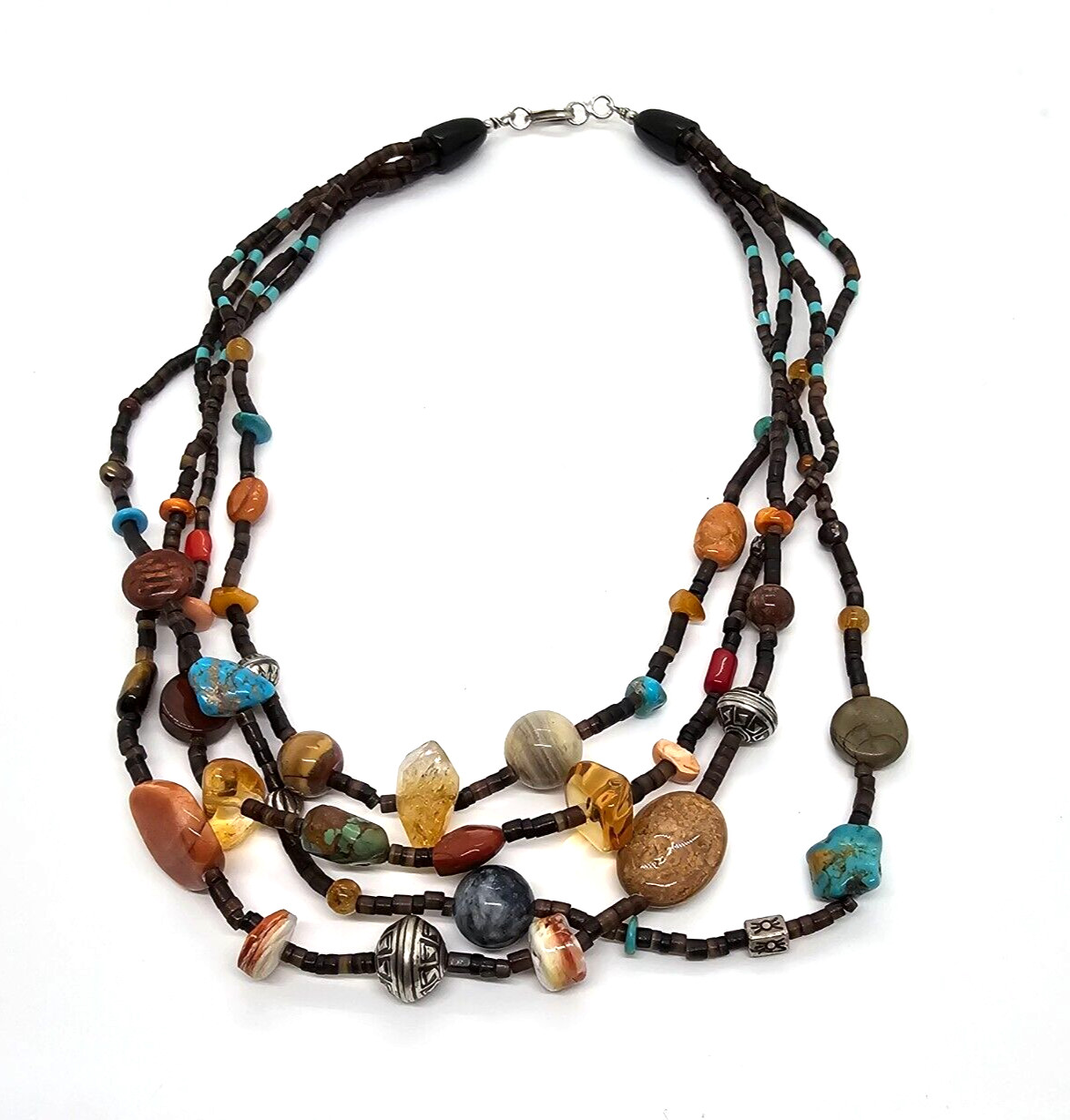 Stunning Multi-Strand Multi-Stone Southwestern Graduated Necklace 18″ SS Clasp