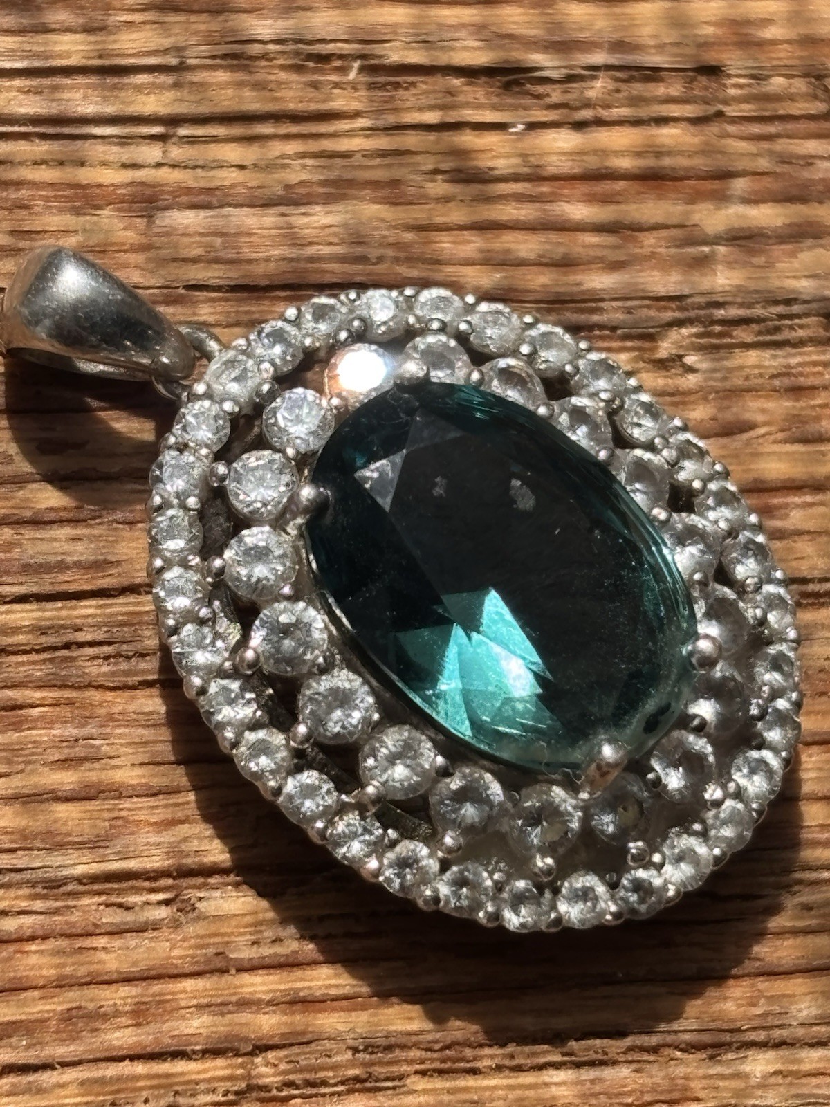 925 Sterling Silver Green Oval Halo Pendant CZ Accents