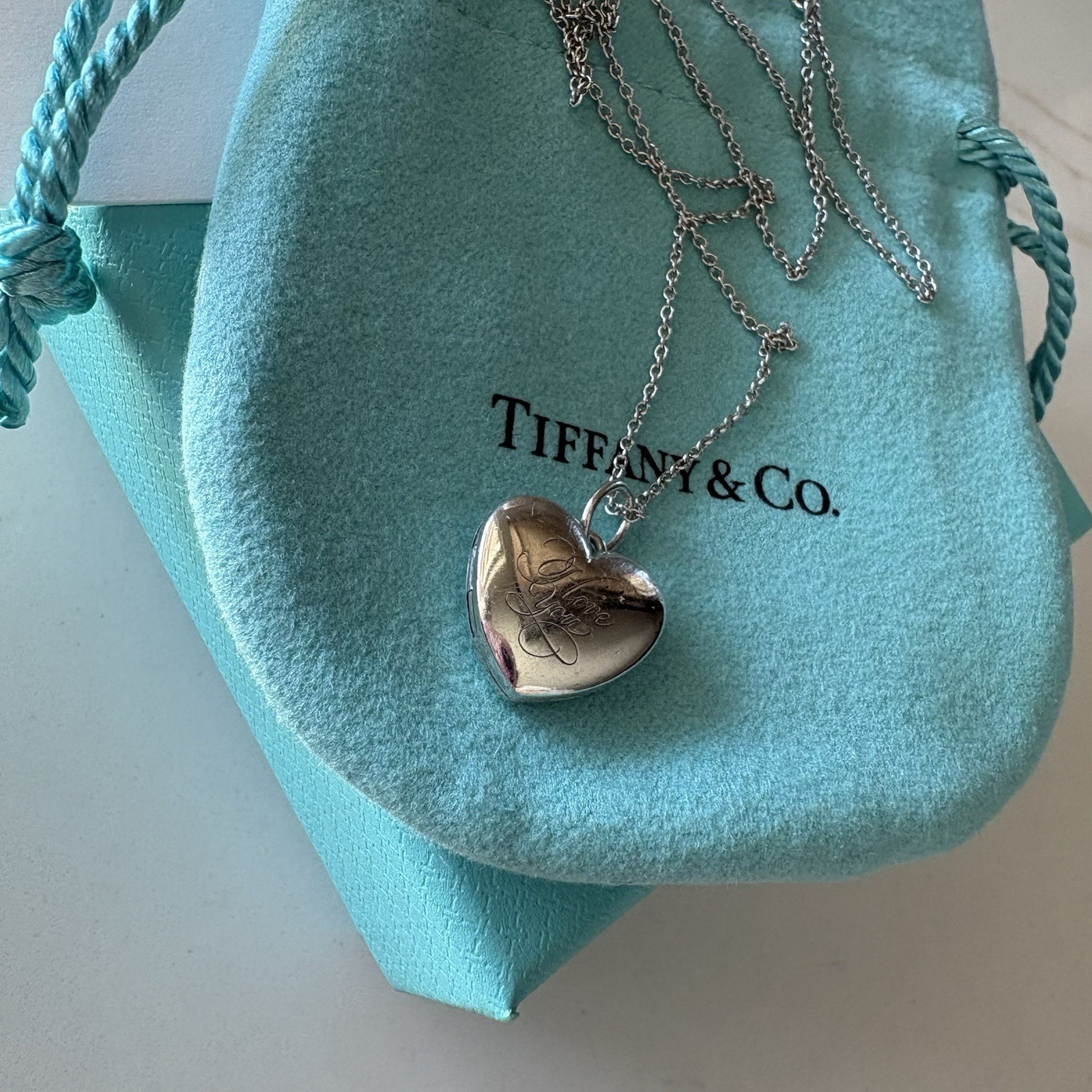Tiffany & Co. Sterling Silver I Love You Heart Locket Pendant w/18” Chain