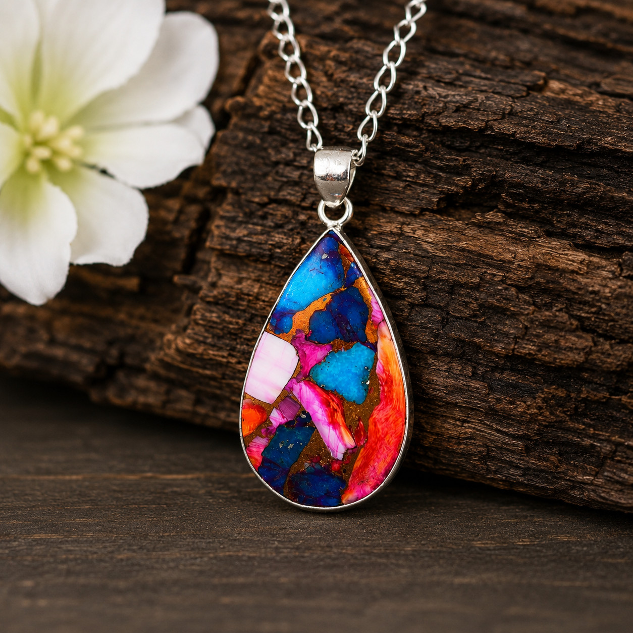 Kingman Spiny Oyster Turquoise Teardrop Pendant Necklace 925 Silver Free Chain
