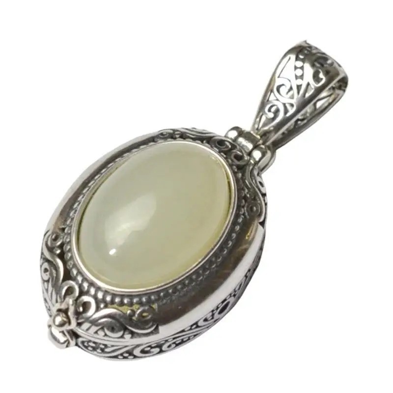 Vintage Sterling Silver Oval Locket Pendant Filigree Scrollwork Natural Stone 92