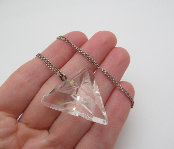 925 Sterling Silver Triangle Clear Star Carved Glass Pendant Oval Chain Necklace