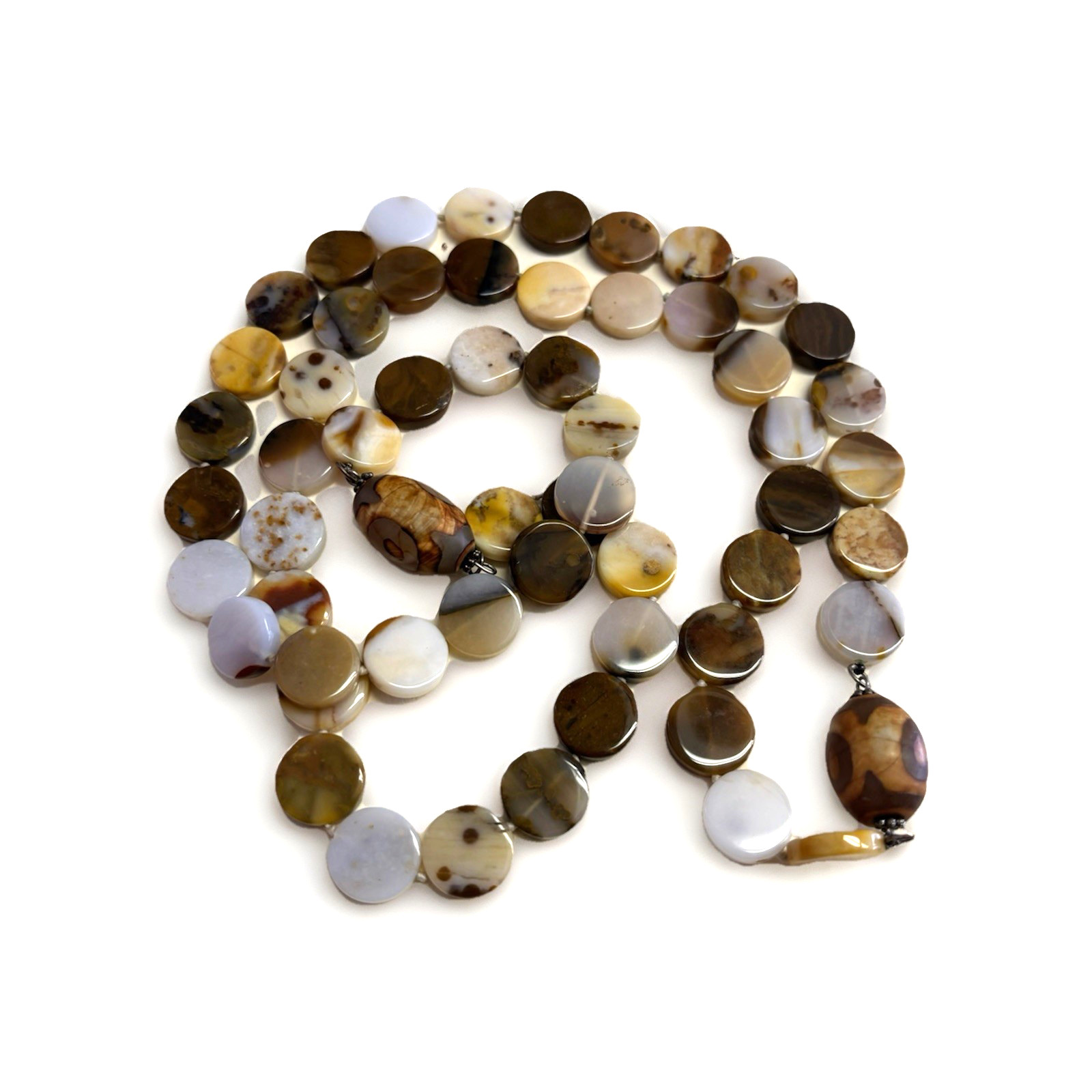 Bohemian Spiritual Buddhist Necklace – Dzi Focal, Natural Agate Coin Beads, MCM