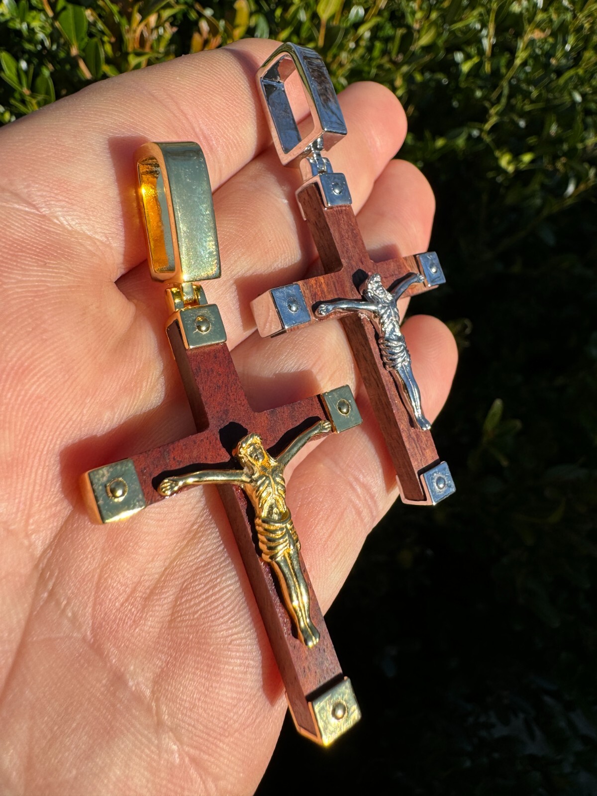 Plain Real 925 Silver & Natural Wood Jesus Cross Pendant Necklace ITALY Handmade