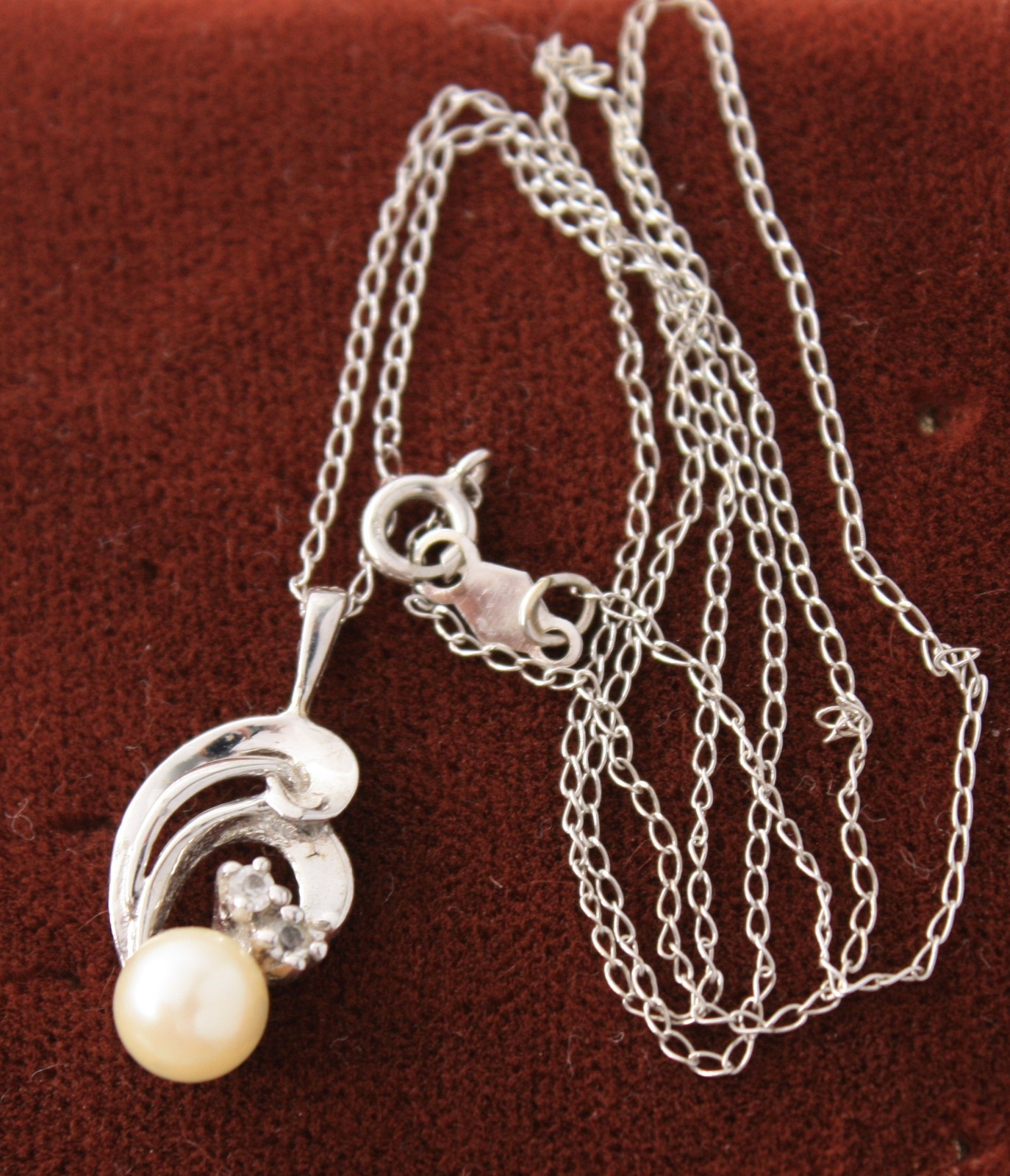 14K Solid White Gold Genuine Pearl, Diamonds Pendant & Chain Necklace 16″ in Box