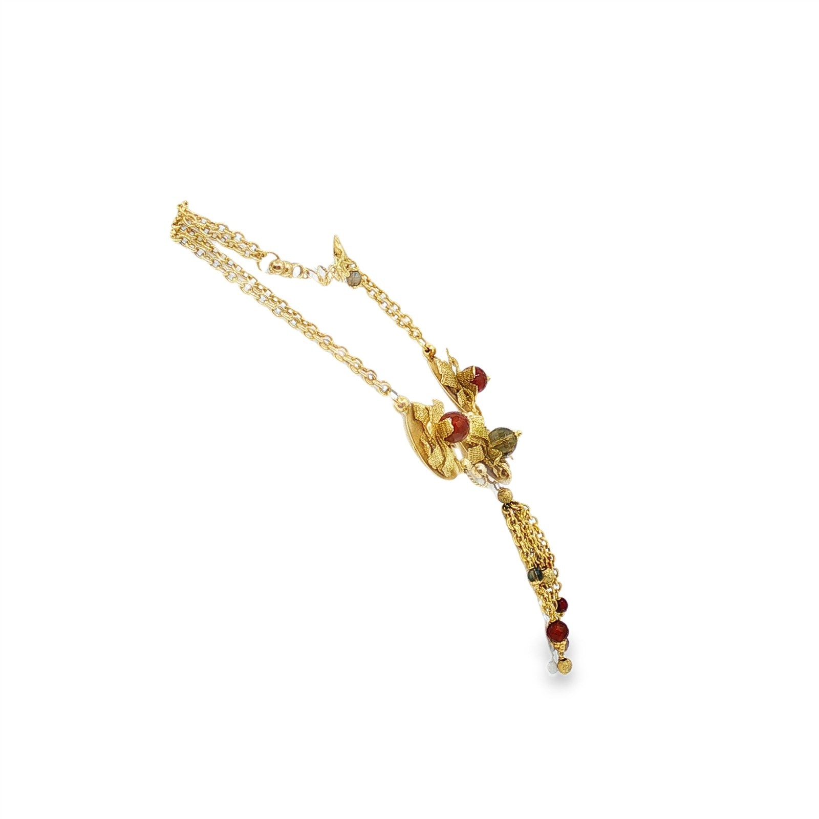 Vintage 14k Yellow Gold Floral Motif Plastic Beaded Tassel Necklace 19″