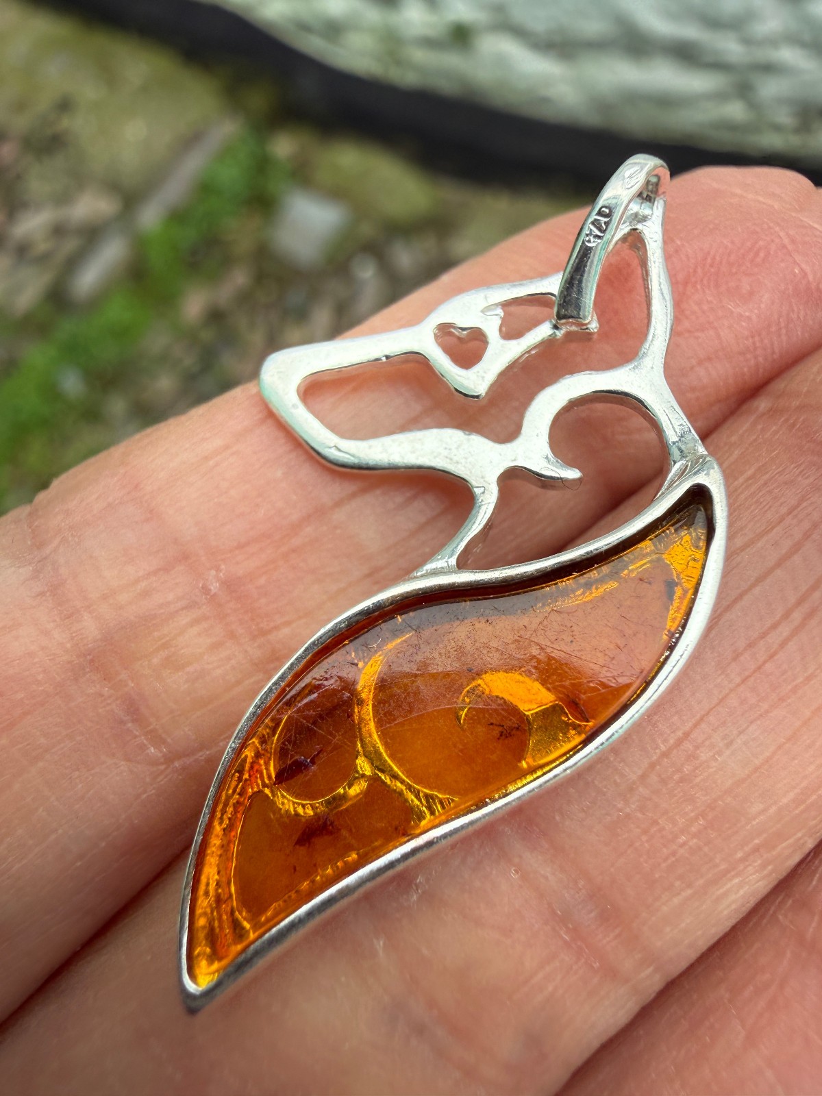 German Shepherd Dog Amber Pendant Crystal Fossil 925 Silver Lithuanian genuine