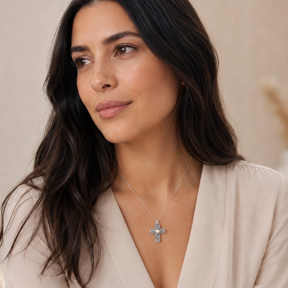 Reversible Cross Charm with Cultured Freshwater Pearl Necklace