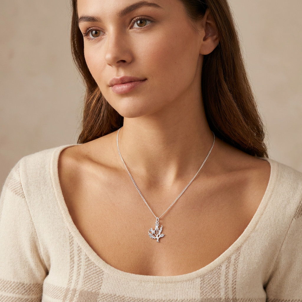 Sterling silver Scottish thistle pendant necklace with 18″ silver chain and box